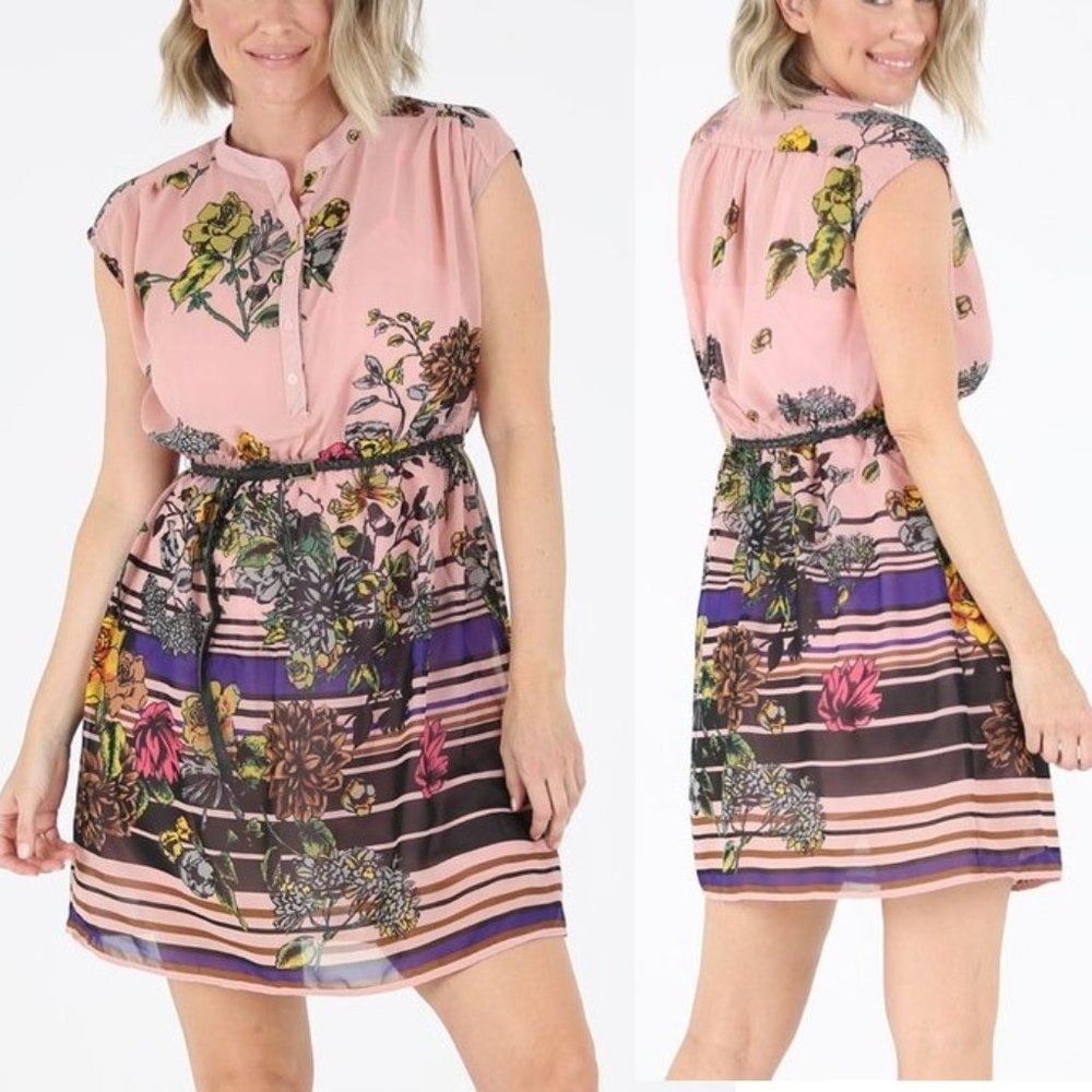 Mini Dress NWT • Short Sleeve • Belted • Button up • Floral Striped • Pink Black